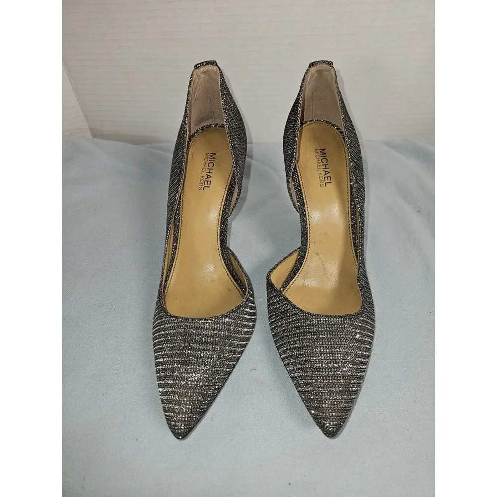 MICHAEL Michael Kors Glitter D'Orsay Pointed Toe Pumps Silver Black Heels 6M 36M
